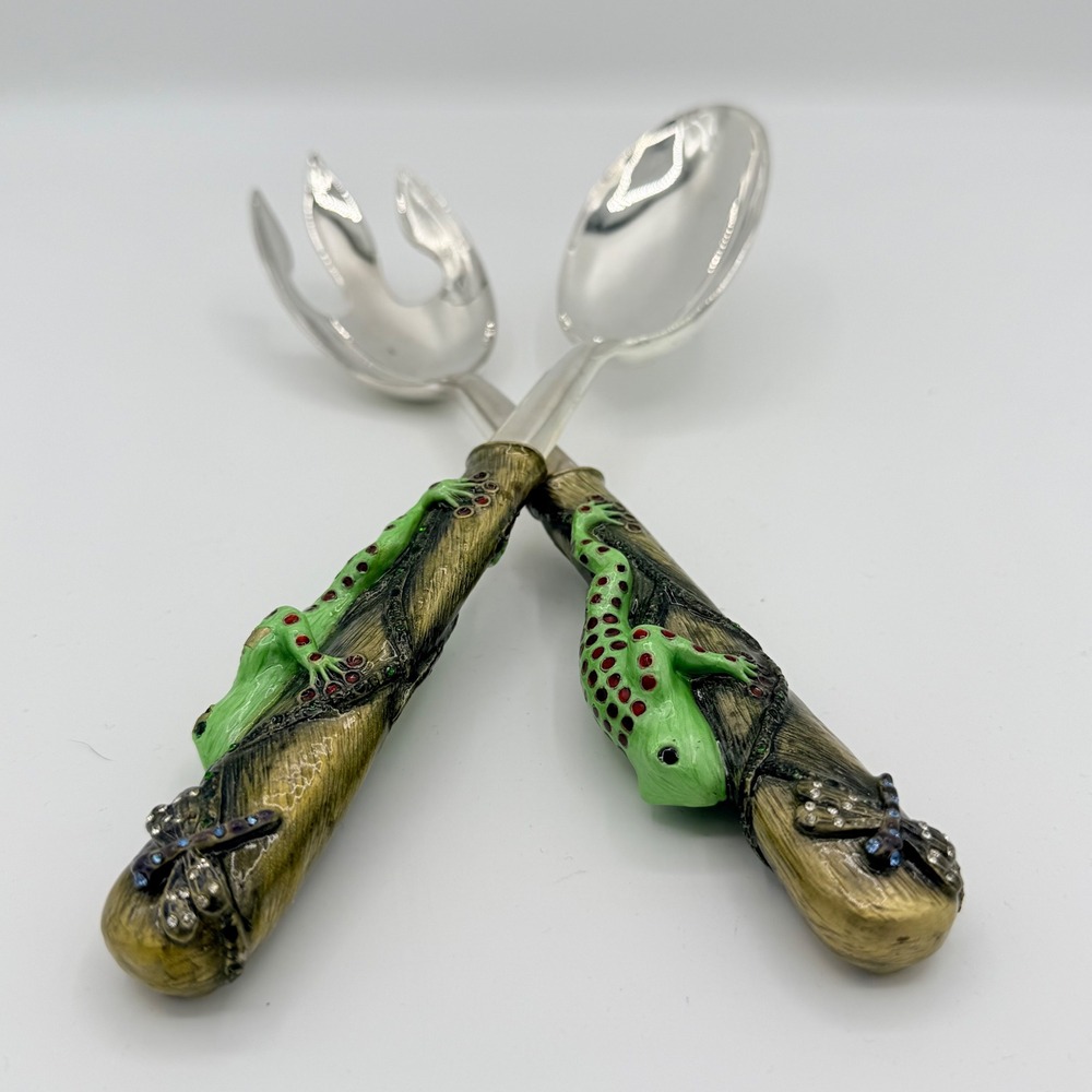 Vintage Frog & Dragonfly Salad Serving Set Resin Handles Silver Tone 11" - Picture 9 of 9